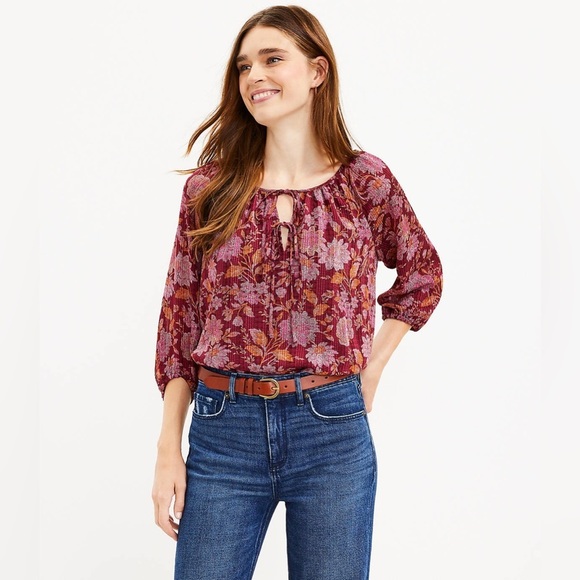 LOFT Tops - LOFT Petite Floral Tie Neck Blouse Size Large